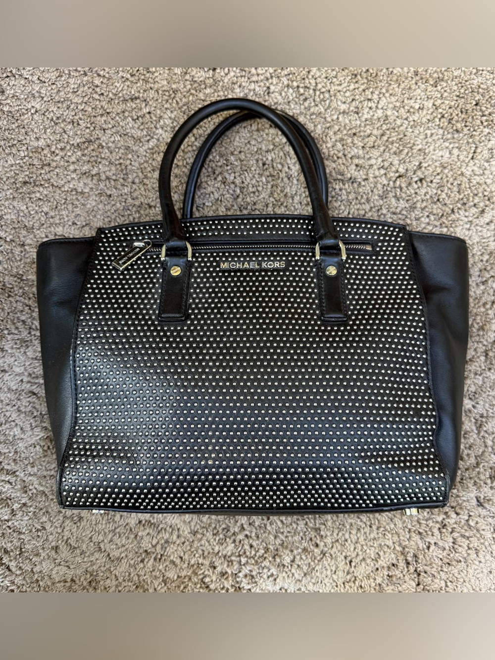 Michael Kors Black Studded Leather Tote with Gold Accents